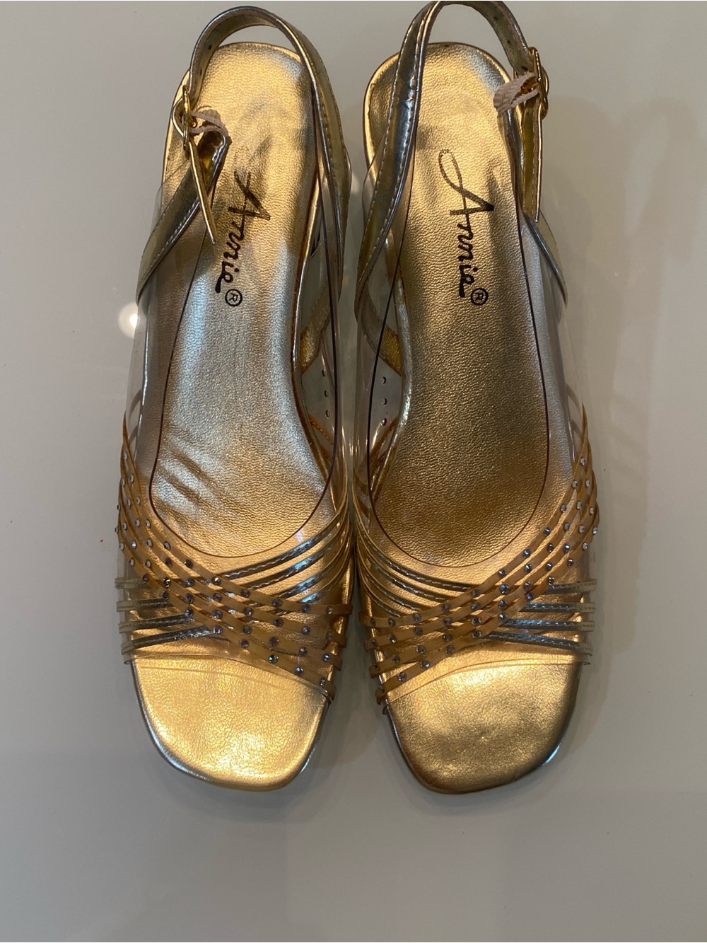 Vintage Y2K Annie Gold Metallic Clear Lucite Block Heel Sandals